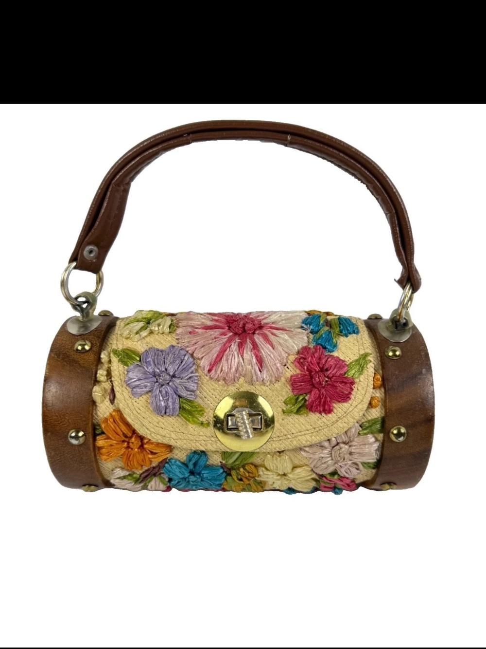 Vintage 60s Barrel Raffia Straw Purse Bag Hand Tiki Wood Tropical Floral EUC!